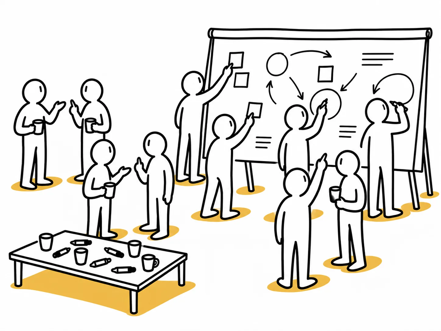 Illustration : un atelier, des gens debout qui échangent café à la main pendant que d'autres dessinent des flèches et des idées au tableau
