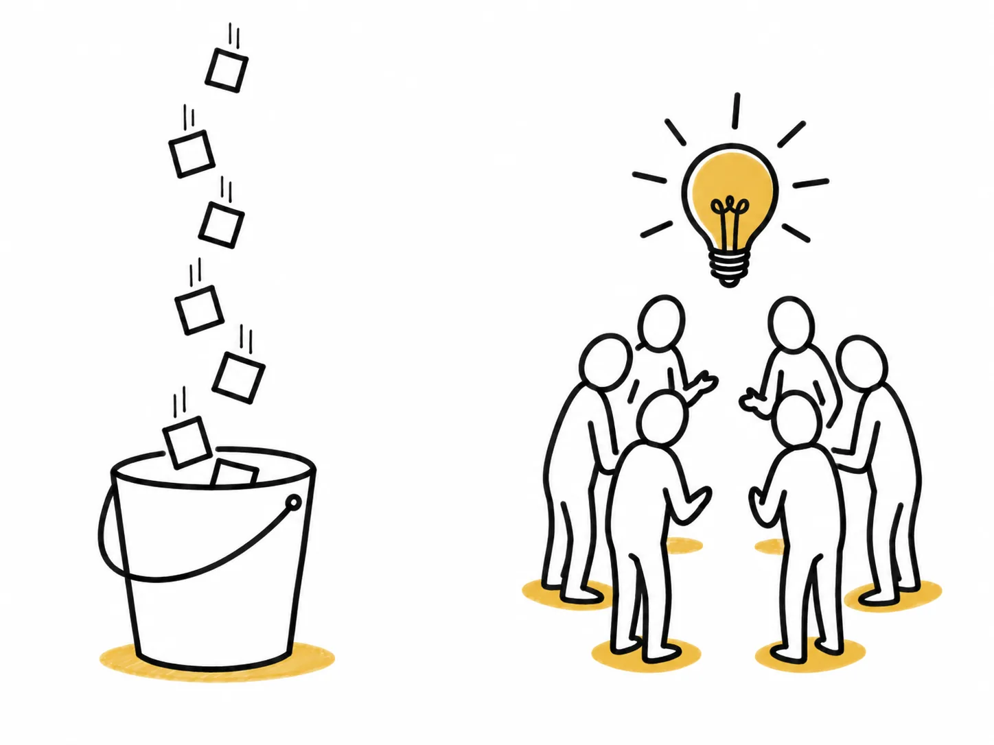 Illustration : à gauche des post-its tombent dans un seau, à droite un groupe partage une seule idée lumineuse